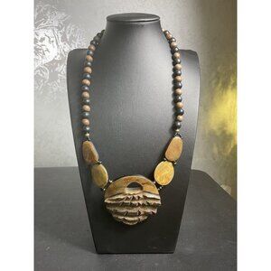 Carved Wood Pendant Necklace Beads Adjustable Hook Closure Boho Style